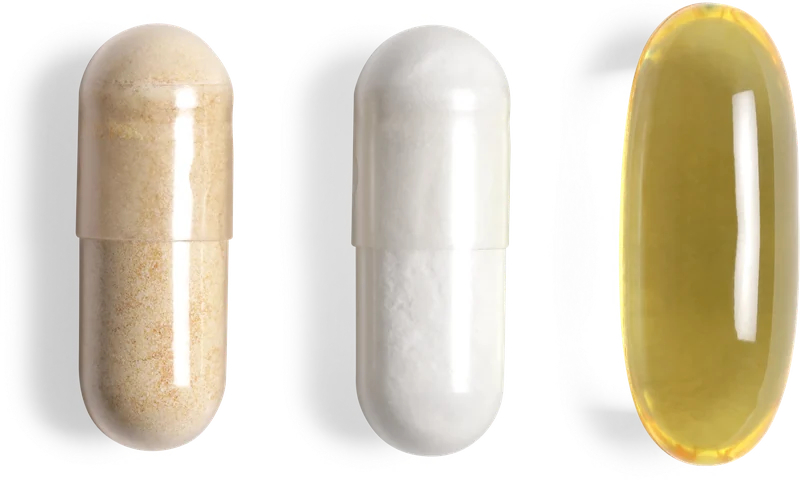 Three capsules: two with powder and one with oil